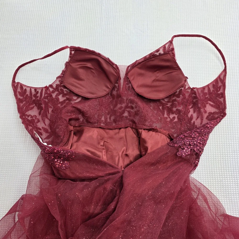 Pageant May Queen Beaded Tulle Party Dress Women’s 4 Burgundy Fit & Flare Formal - Picture 6 of 12